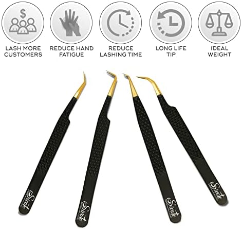 SIVOTE Fiber Tip Lash Tweezers for Eyelash Extensions with Diamond Grip, Black, Set of 4 - Precise Tips Japanese Steel for Classic, Volume & Mega Volume Lashes, Anti-Rust - Ideal for Lash Artists