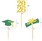 Graduation Cupcake Toppers Grad Party Decoration Food Picks Congrats Glitter Diploma Cap School Colors Supplies 24 PCS Green Gold