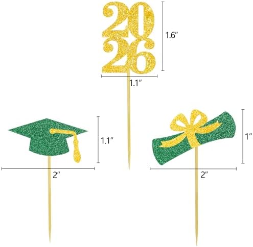 Graduation Cupcake Toppers Grad Party Decoration Food Picks Congrats Glitter Diploma Cap School Colors Supplies 24 PCS Green Gold
