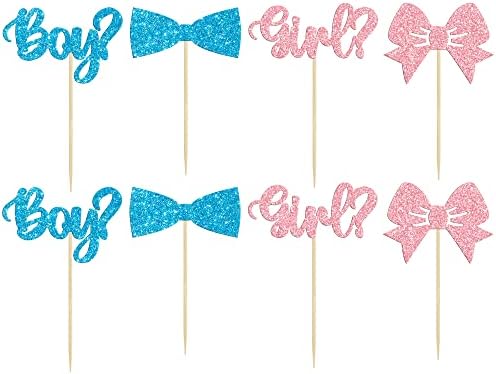 Gyufise 36Pcs Boy or Girl Cupcake Toppers Glitter Bow Tie Cupcake Picks Baby Shower Cake Topper Decorations for Kids Birthday Gender Reveal Party Cake Decorations Supplies