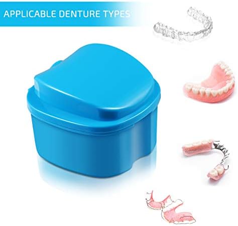 rosenice Denture Case Denture Bath Box Case Dental Orthodontic Retainer False Teeth Storage Box with Strainer cups for soaking s (Blue)