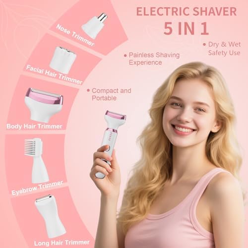 RUIM 5-in-1 Women's Electric Shaver & Hair Trimmer Kit - for Legs, Underarms, Bikini Line, Face & Body, Painless Cordless Wet/Dry Razor, Waterproof & USB Rechargeable for Women Grooming