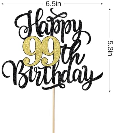 Happy 99th Birthday Cake Topper, Black Gold Glitter Birthday Cake Topper, 99th Anniversary/ 99th Birthday Party Decoration Supplies