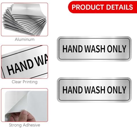 2 Pcs Hand Wash Only Sign 6 x 2 inch Self-Adhesive Kitchen Sink Sign Brushed Aluminum Metal Signs for Restaurants, Businesses, Bathroom, Restroom, Silver, Easy Installation, Waterproof