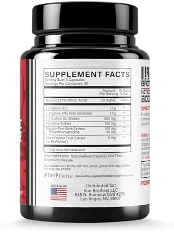 Iron Brothers Nitric Oxide Supplement for Men & Women | Pre-Workout Nitric Oxide Booster for Enhanced Muscle Pump, Blood Flow & Endurance | L-Arginine, L-Citrulline, Pine Bark Extract | 120 Vegan Caps
