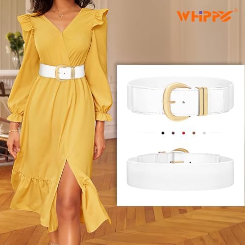 WHIPPY Women Wide Elastic Waist Belt for Dresses Fashion Gold Buckle Stretchy Leather Waistband for Ladies