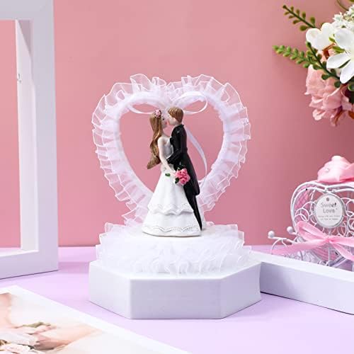 Bride and Groom Cake Topper, Romantic Wedding Couple Figurine Heart Design for Wedding Cake, Engagement Party, Bridal Shower, Anniversary Dessert Table Decor