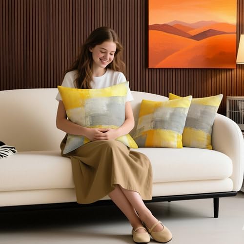 Yellow and Grey Abstract Throw Pillow Covers 18x18 inches Set of 2, Modern Art Oil Painting Decorative Cushion Cases for Couch, Soft Flannel Pillow Shells for Sofa Living Room Bedroom Decor