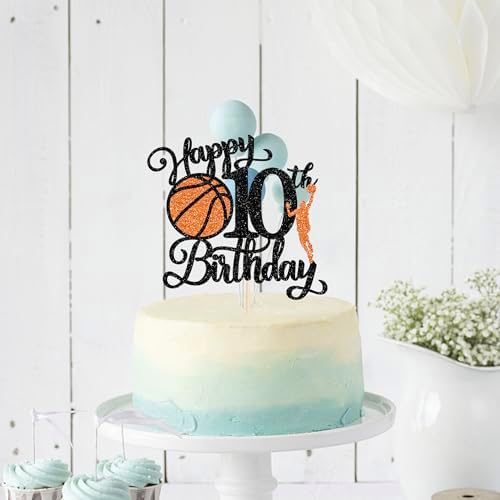 Rsstarxi 1 Pack Happy 10th Birthday Cake Topper Black Glitter Basketball Sports Cake Pick Cheers to 10 Years Cake Decorations for Basketball Theme Birthday Party Supplies
