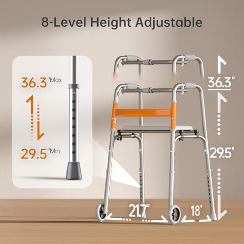 Nihhcune Lightweight Folding Walker for Adults/Seniors, Compact Rolling Mobility Aid with Wheels & Detachable Seat, Height Adjustable Aluminum Rollator Walker Space-Saver Travel Design No Installation