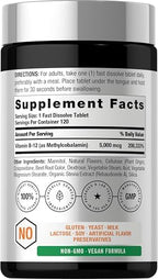 Horbäach B12 Vitamin 5000 mcg | 120 Fast Dissolve Tablets | Sublingual Methylcobalamin | Natural Berry Flavor | Vegan, Non-GMO & Gluten Free Supplement