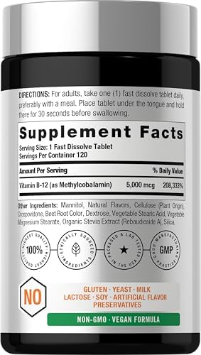 Horbäach B12 Vitamin 5000 mcg | 120 Fast Dissolve Tablets | Sublingual Methylcobalamin | Natural Berry Flavor | Vegan, Non-GMO & Gluten Free Supplement