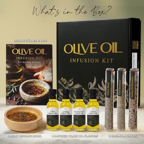Infused Olive Oil Gift Set – Variety Pack - 4 Flavored Olive Oil Extra Virgin, 3 Spice Flavorful Infusion Blends, Bread Dipping Bowl & Recipe Booklet - Set of 8 – Gourmet Cooking Gifts for Women - Valentine Gifts