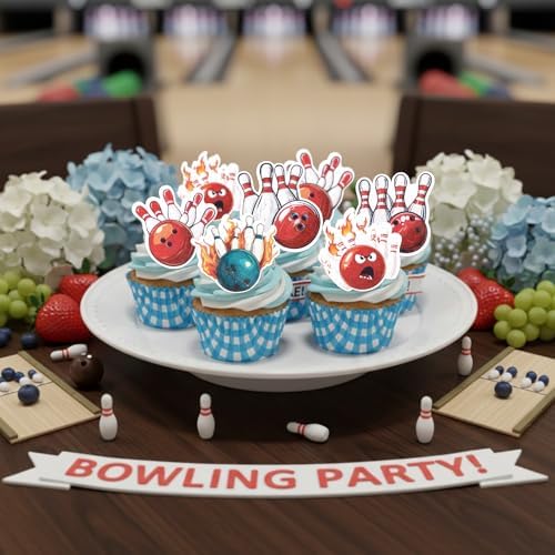 60 PCS Edible Bowling Cupcake Toppers Wafer Paper Sports Ball Cupcake Picks Edible Bowling Cupcake Decorations for Sports Theme Baby Shower Kids Birthday Party Cake Decorations Supplies