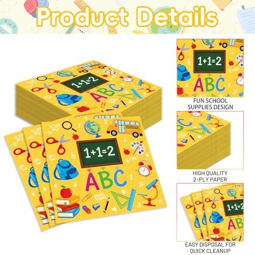 Pack of 50 Back to School Paper Napkins, Yellow School Supplies Design Disposable Party Napkins for Classroom, Teacher Appreciation, Kindergarten, First Day of School Decoration, 13x13 Inches Unfolded