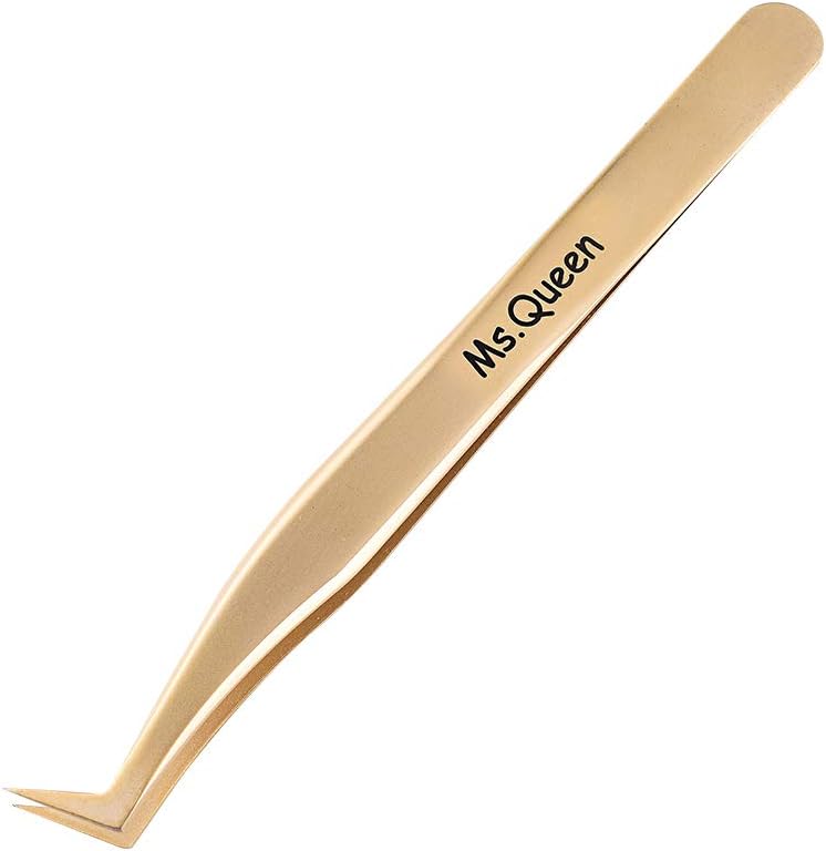 Ms.Queen Eyelash Extension Tweezers-Precision Tweezers for 2D-6D Volume&Individual False Lashes Extensions-Golden-L-Shaped Tweezers