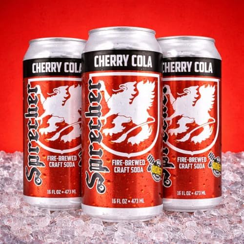 Sprecher Cherry Cola in 16 fl oz Cans (12 Pack), Fire-Brewed Craft Soda with Real Honey & Door County Cherry Juice, Handcrafted Premium Cherry Soda, Caffeine-Free, Gourmet Beverage