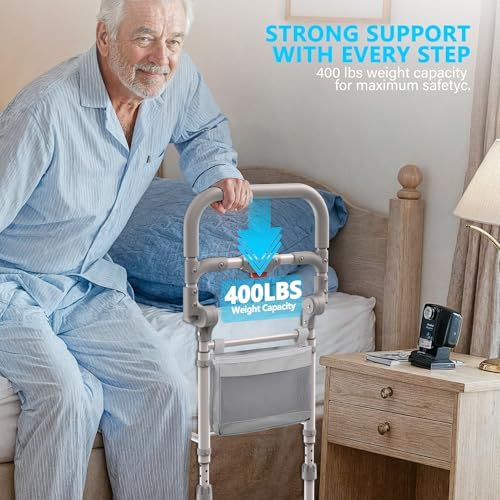 inkolelo Bed Rails for Elderly Adults Safety Foldable Bed Side Assist Rail for Seniors with Storage Pocket, Adjustable Height Bedrails for Queen King Full Size Bed, 400 Lbs