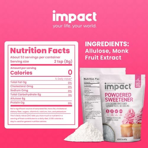 Impact Powdered Sweetener - Allulose, White Monk Fruit Blend – Zero Calorie and Carb, Keto-Friendly, Guilt-Free Substitute for Baking & Cooking - 0.94 lbs