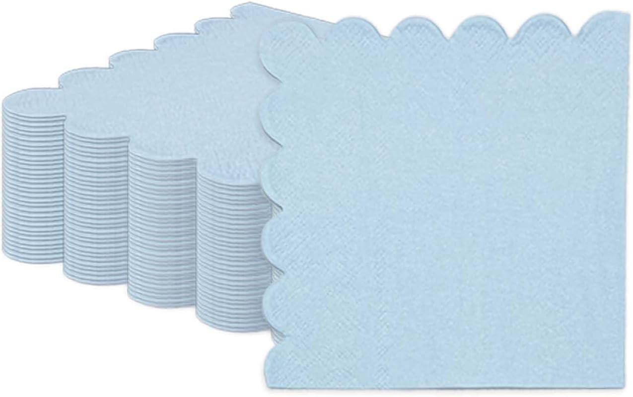 HEIPINIUYE 50 Pieces 2-ply Light Blue Napkin Disposable Scalloped Cocktail Napkins Beverage Napkins Dessert Napkins Paper Napkins for Wedding Birthday Party Paper Dinner Napkins