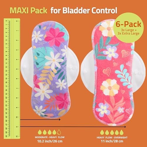Non-Slip, (Premium) High Absorbency Reusable Period Pads for Heavy Flow (6 Pack L+XL) - Leak Proof & Odor Free Cotton Cloth Pads for Women - High-Temp Washable, Soft & Skin-Safe for Menstrual Comfort