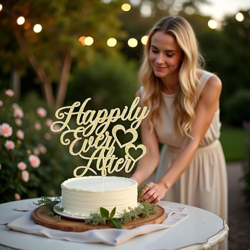 Kaoenla Happily Ever After Cake Topper-Gold Glitter Cake Topper for Wedding,Engagement,Bridal Shower, Vow Renewal,Anniversary Party Decoration Supplies （Golden Love）
