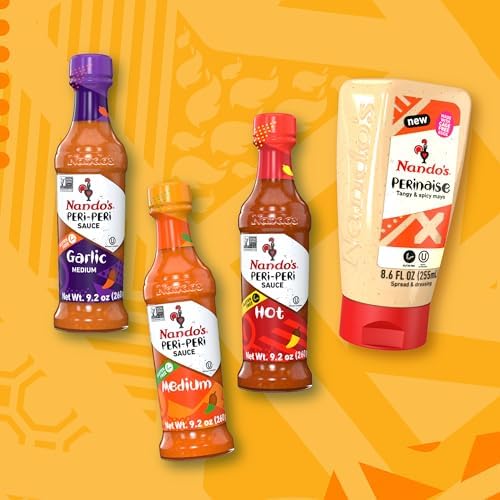 Nando's PERi-PERi Sauce Mixed Pack - Medium, Hot, Garlic, and PERinaise Original | Gluten Free | Non GMO, 9.1 oz and 8.6 oz (4 Pack)