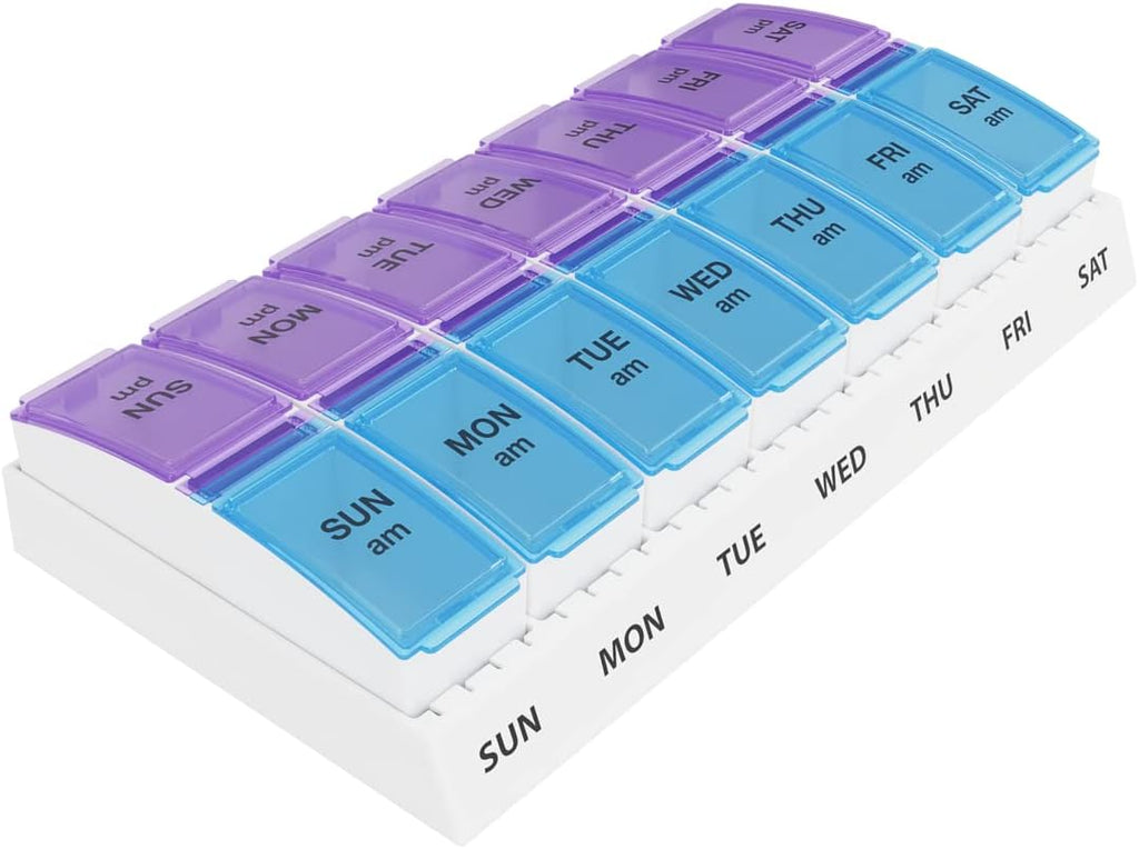 EZY DOSE Weekly AM/PM Pill Organizer, 7-Day Vitamin Container and Daily Medication Box with Large Pop-Out Compartments, 2 Times a Day Pill Holder, Blue and Purple Lids, Travel-Friendly Design