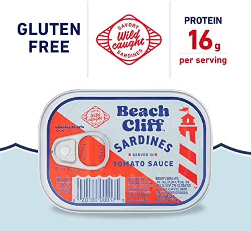 Beach Cliff Wild Caught Sardines in Tomato Sauce, 3.75 oz Can (Pack of 12) - 16g Protein per Serving - Gluten Free, Keto Friendly - Great for Pasta & Seafood Recipes