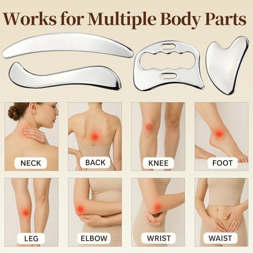 4 in 1 Stainless Steel Massage Scraper Tool Set for Deep Tissue Relief, IASTM Tool and Gua Sha Massage Tools for Muscle Recovery, Physical Therapy Scraping Tool with Facial Gua Sha