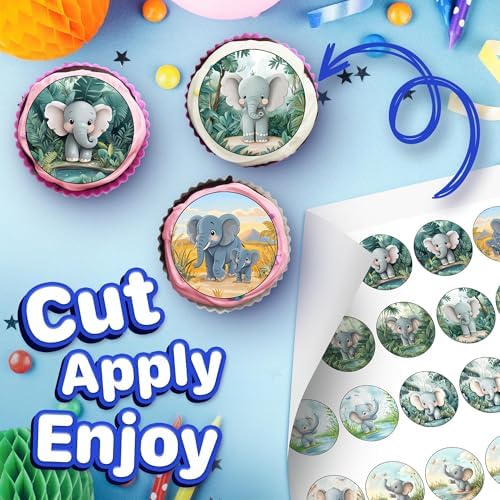 30 x Edible Cupcake Toppers – Elephant Animal Themed Collection of Edible Cake Decorations | Uncut Edible on Wafer Sheet