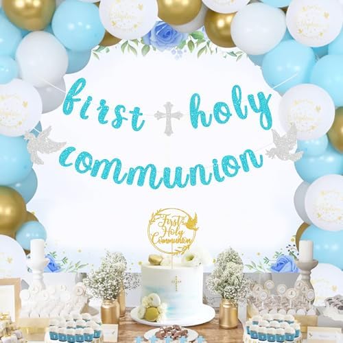 First Communion Decorations, First Holy Communion Banner and First Communion Cake Topper, Baptism Decorations for Boys Girls (blue gold)