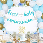 First Communion Decorations, First Holy Communion Banner and First Communion Cake Topper, Baptism Decorations for Boys Girls (blue gold)