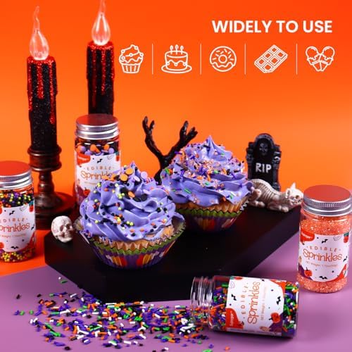 Halloween Sprinkles Set, Edible Sprinkles for Cake Decorating, Orange Sanding Sugar Jimmies Sprinkles Mix for Cupcake Toppers Cookies Baking(7.04 Oz)