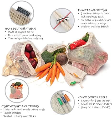 12+1 Reusable Produce Bags Grocery Washable, Organic Cotton Mesh Produce Bags, Double-Stitched & Tare Weigh, Mesh bags for vegetables, Cotton Produce Bags Reusable Washable, Produce bag 4xS, 4xM, 4xL