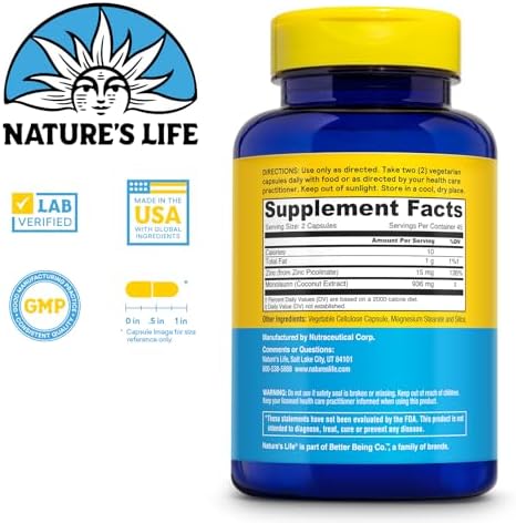 Nature's Life Monolaurin Plus Zinc Immune Support Supplement - 936mg Monolaurin from Raw Coconuts, Zinc 15mg, Supports Gut Health, Balanced Gut Flora, 60-Day Guarantee, 45 Serv, 90 Vegetarian Capsules