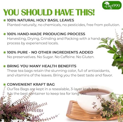 TOG999, Premium 120 Holy Basil Leaf Tea Bags, 100% Natural & Pure Holy Basil Leaves. Loose Leaf Holy Basil Herbal Tea. Holy Basil Leaf Tea. No Sugar, No Caffeine, No Gluten, Vegan.