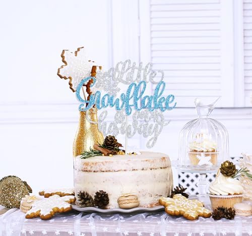 A Little Snowflake is on His Way Cake Topper, Winter Baby Shower Party Decor, Frozen Winter Christmas Snowflake Theme Baby’s 1st Birthday Baby Shower Party Decorations Supplies for Boy