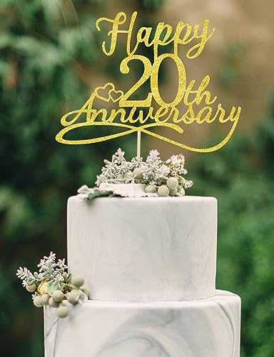 20th Wedding Anniversary Cake Toppers - Golden Double Decorations for 20 Year Anniversary Party