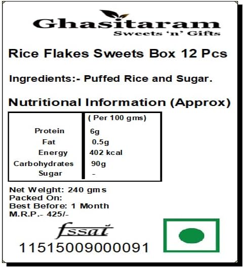 Ghasitaram Gifts Indian Sweets - Diwali Gifts Diwali Sweet - Rice Flakes Sweets Box 12 Pcs