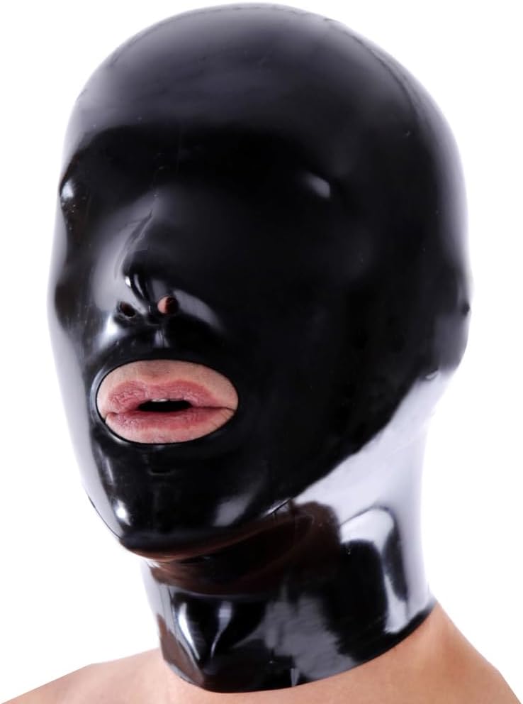 Latex Hood Mask with Full Face Closed Eyes Open Mouth and Nose Cosplay Party Latex Mask
