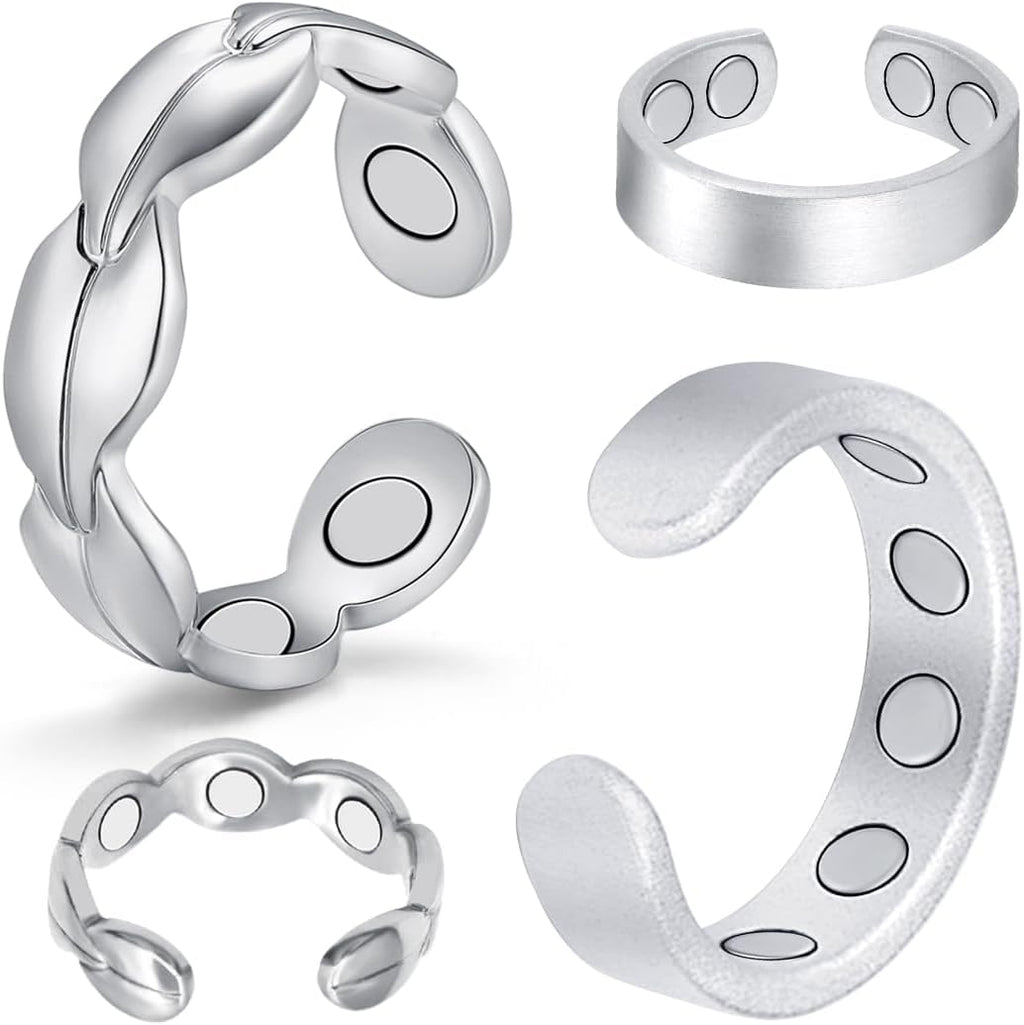9X Copper Rings for Women, with Powerful Magnets, Adjustable Solid Pure Copper (Silver Matte & Fishtail)