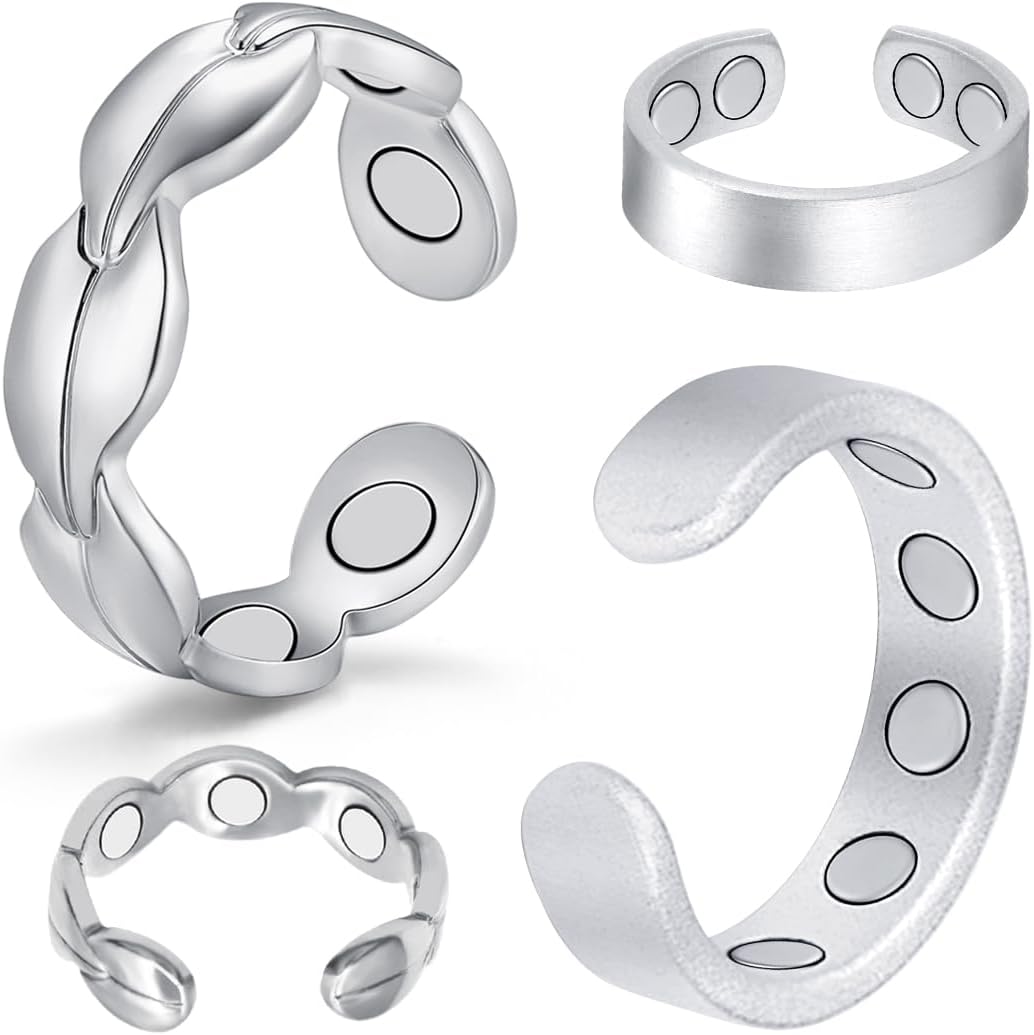 9X Copper Rings for Women, with Powerful Magnets, Adjustable Solid Pure Copper (Silver Matte & Fishtail)