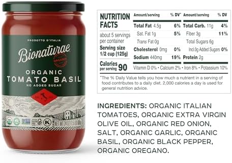 Bionaturae Organic Tomato Basil Pasta Sauce - Gluten Free Sauce for Spaghetti, Pizza, & Lasagna, Non GMO, No Added Sugar, Kosher, Glyphosate Free, Made in Italy, Tastes like Homemade - 24 oz Jar
