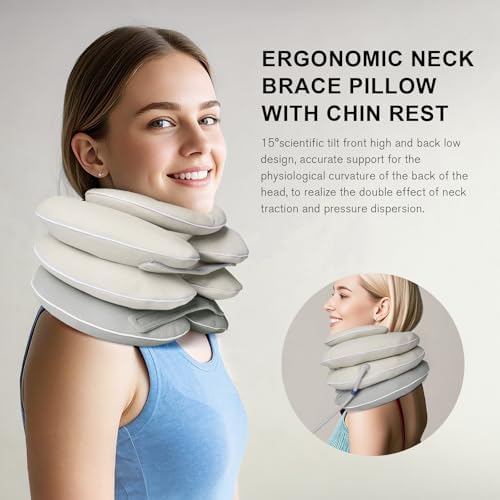 Neck Stretcher with Brace - Inflatable Cervical Traction Device for Neck Pain Relief, Adjustable Neck Support Pillow and Decompression Tool with 3+1 Chin Rest, Portable for Home, Office & Travel Use