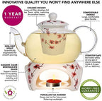 Teabloom Petite Cherry Blossom Teapot & Flowering Tea Gift Set - Glass Teapot (27 OZ / 2-3 Cups), Porcelain Lid, Loose Tea Infuser, Tea Warmer + Candle, 2 Flowering Teas