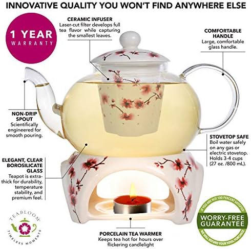 Teabloom Petite Cherry Blossom Teapot & Flowering Tea Gift Set - Glass Teapot (27 OZ / 2-3 Cups), Porcelain Lid, Loose Tea Infuser, Tea Warmer + Candle, 2 Flowering Teas