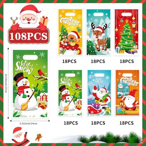 FOIMAS 108 PCS Christmas Treat Bags with Handles Plastic Christmas Goodie Candy Bags Xmas Gift Bag for Xmas Holiday Gift Wrapping Supply