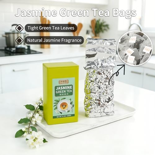 Chinese Green Tea Bag Loose Leaf Pure Leaves in Iron Can Jasmine Green Tea Bags | 100% Natural with No Artificial Additives | 50 Count