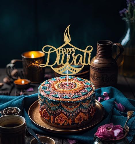 Happy Diwali Cake Topper, Indian Festival of Lights Party Decorations, Let's Get Lit Warm Wishes Light Decor, Diwali Rangoli Diya Decoration Supplies Gold Glitter